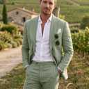 Beige Men's Linen Suit 2 Piece Slim Fit Summer Beach Wedding Dress Prom Party Suit Blazer Jacket and Pants (Green, M)