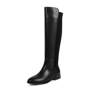 Modatope Black Rounded Toe Flat Knee High Boots Low Heel Elastic PU Leather Riding Boots Fashion Fall Winter Dress Boot Size 9