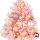 Mini Pink Christmas Tree with Lights, 2ft/24 Inch Artificial Small Table Top Christmas Tree Decor with Bow Ribbon Decor, Hanging Ornaments, Tree Skirt, 21 Pcs Pink Mini DIY Kids Xmas Trees