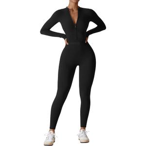 YEOREO Women Long Sleeve Workout Jumpsuit Zip Up Romper Bottom Pants Bodysuit Bodycon Sexy One Piece (Black)