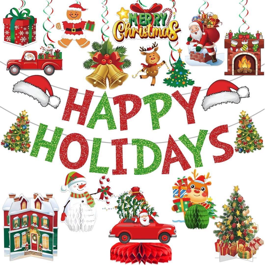 2 x Happy Holidays Decorations - Christmas Party Decorations with Banner for Friendsmas Party