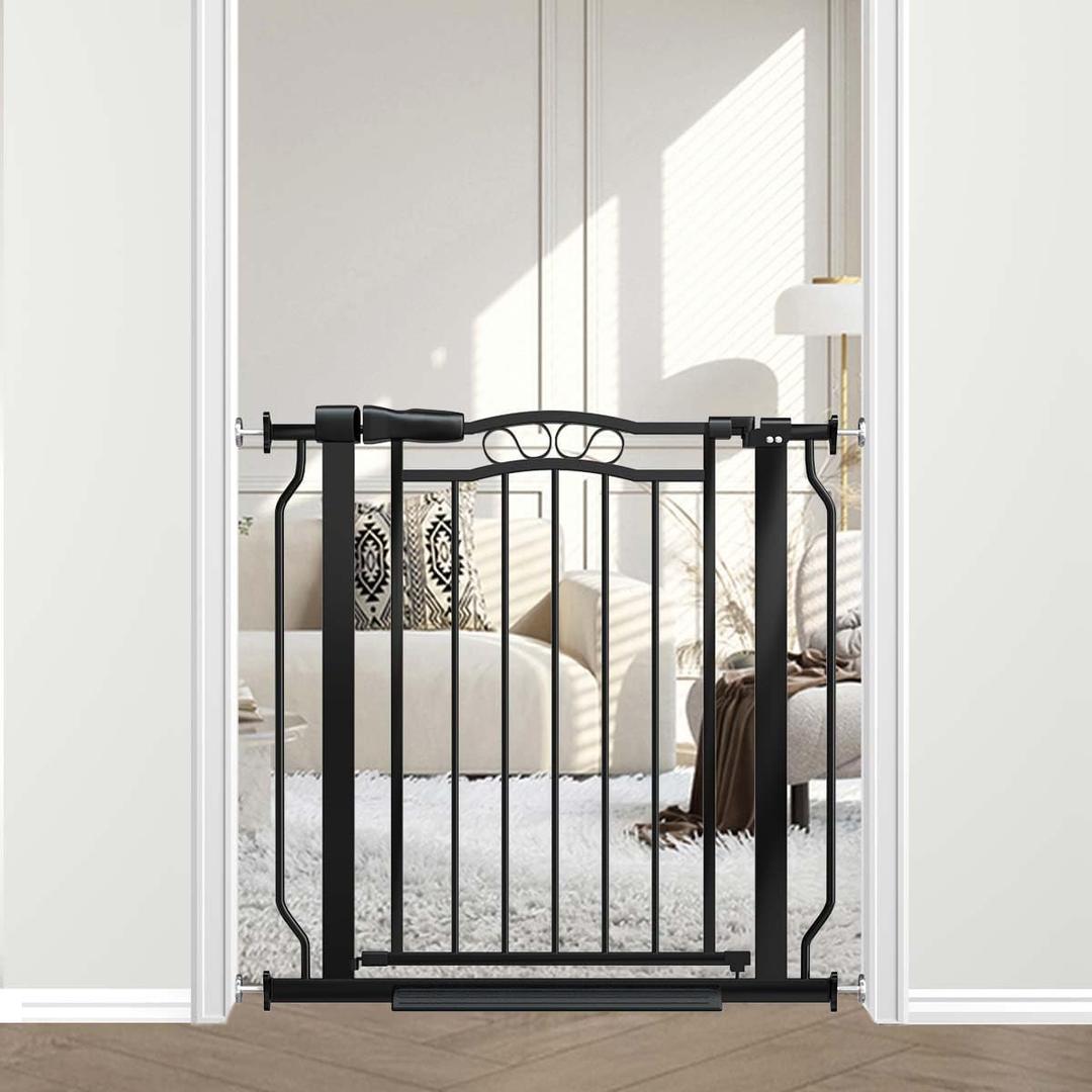 Fairy Baby 29.5"-33.5" Baby Gate for Doorways, Dog Gate for Stairs No Drill, Pressure Mounted Safety Pet Barrier with Arch Design, Auto Close Tension Metal Baby Gate with Door Indoor Outdoor, Black