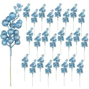 Huisipool 24 Pieces Christmas Glitter Berries Stems Artificial Berry Twig Stem Berry Picks Decorations for Christmas Ornaments, DIY Xmas Wreath, Holiday and Party Decor (Light Blue)