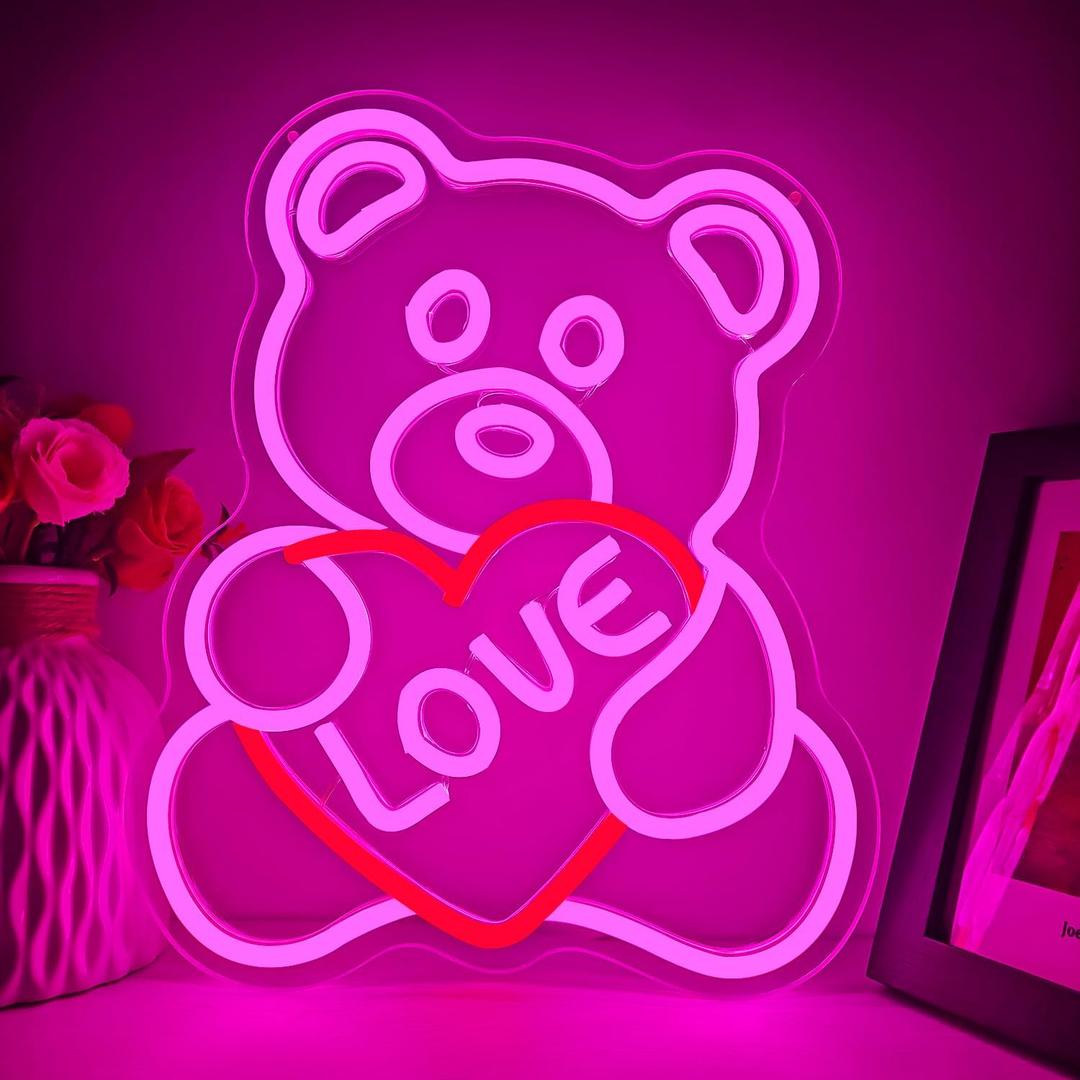 Valentines Day Neon Sign Valentines Teddy Bear Neon Signs for Wall Decor Dimmable Valentines Led Sign Bear Neon Lights for Bedroom Wedding Anniversary Valentines Day Decorations