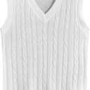 OYOANGLE Men's Cable Knit V Neck Sleeveless Sweater Vests Solid Casual Tank Tops Knitwear (Medium, White)