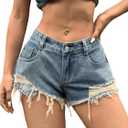 Women's Ripped Raw Hem Denim Shorts Retro Low Rise Jeans Shorts with Pockets (Blue)