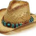 Western Straw Cowboy and Cowgirl Hats with Decorative Bands - Unisex Wide Brim Raffia Style Sun Hat (One Size-Medium, Light Raffia)