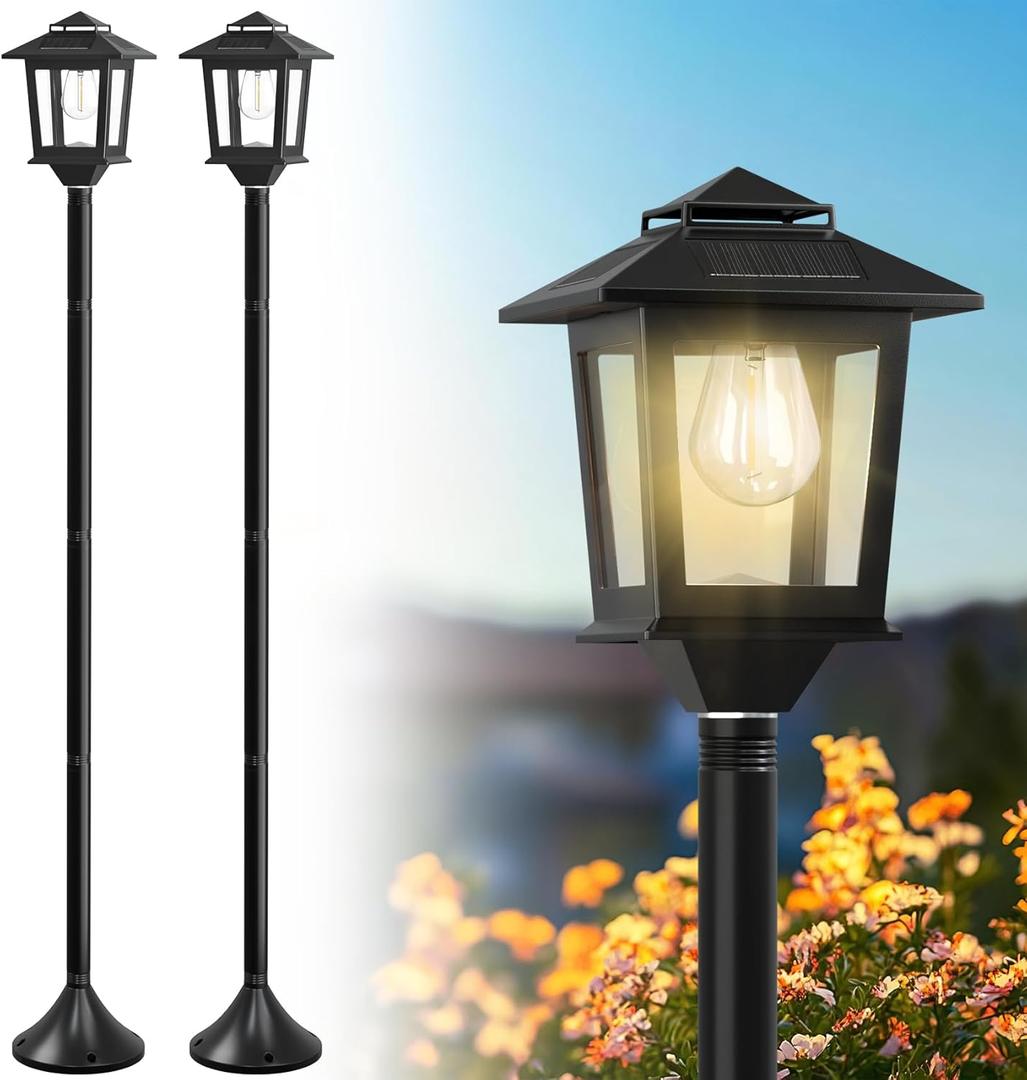 63" Aluminum Solar Lamp Post Light 2Pack, Solar Light Posts for Outside Waterproof, Outdoor Lamps for Patio, Backyard, Front Porch Decor, Warm White, Replaceable Bulb