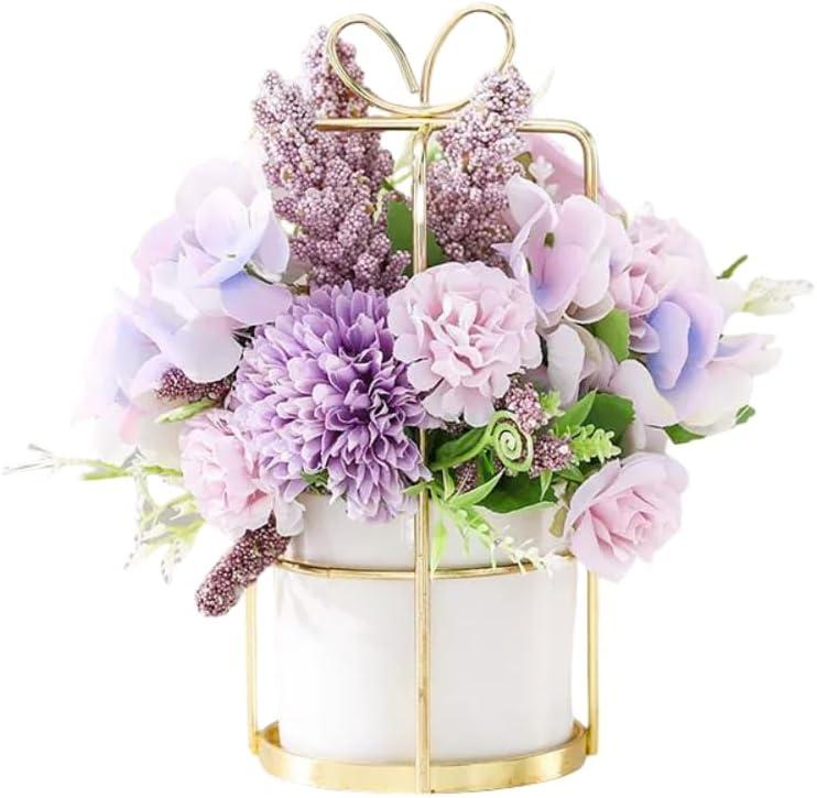 Artificial Flowers in Vase Silk Flowers,Pink Peony Artificial Flowers,Bathroom Decorations,Ceramic Flower Pot Metal Frame Decoration Wedding Table Decoration Birthday Table Decorations (Purple, 8")