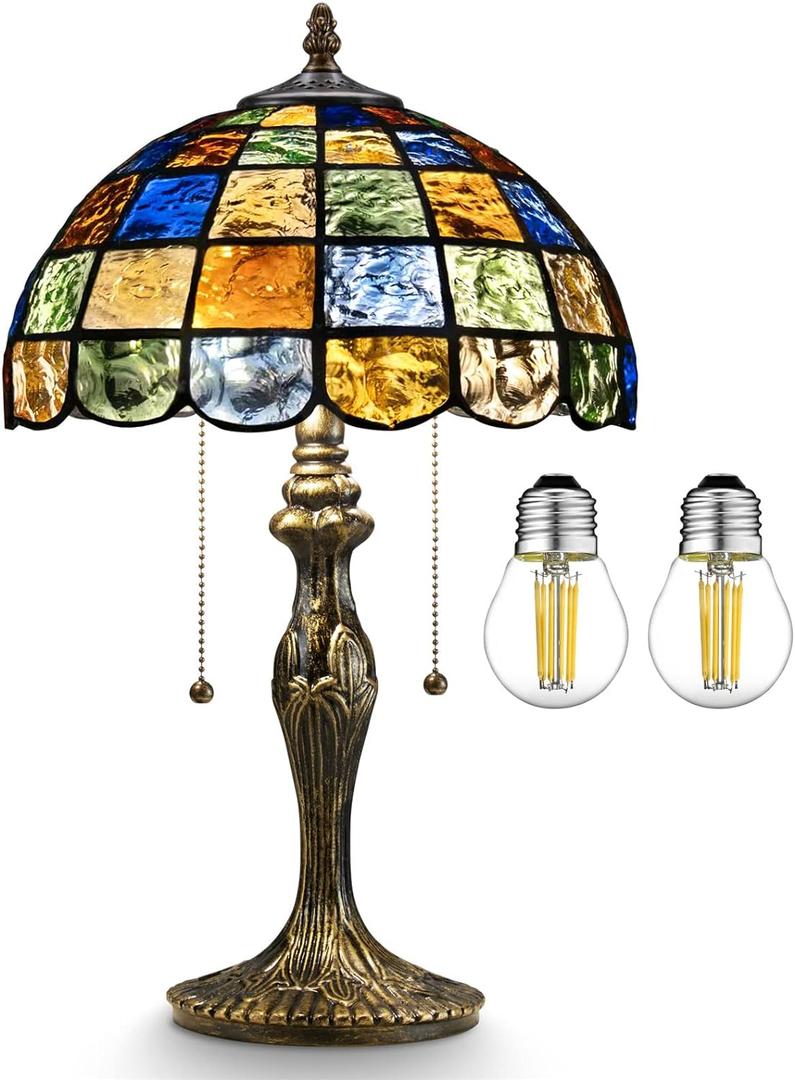 Tiffany Lamp Crystal Square Style,Stained Glass Table Lamp 12" Vintage Living Room Office Bedroom Bedside Reading Lamp,Handmade Tiffany Desk Light -Decorate Gift (2 LED Bulb Included)