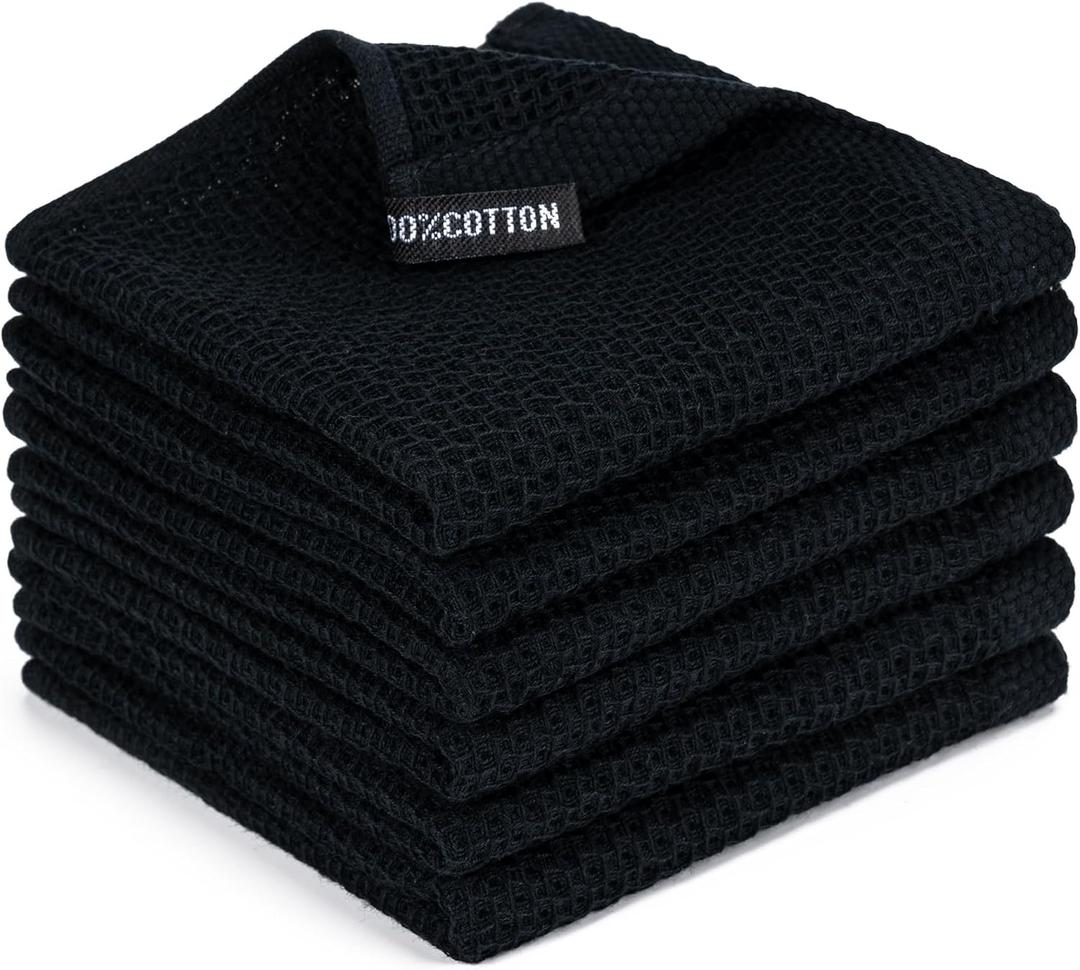 BOOMIBOO 6-Pack Kitchen Dish Cloths, 100% Cotton Waffle Weave, Ultra Soft Absorbent, Quick Drying Dish Towels, 12x12 Inches, Black