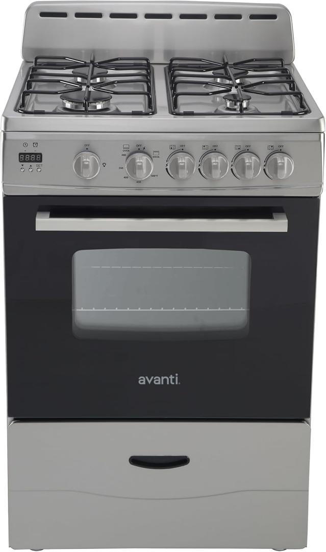 Avanti Gas Range Oven, Compact Freestanding Design, 4 Sealed Burners with Electronic Ignition, 2.6 Cu.Ft. Capacity Features Glass Door Storage Drawer Broiler and Accessories, 24-Inch, Stainless Steel