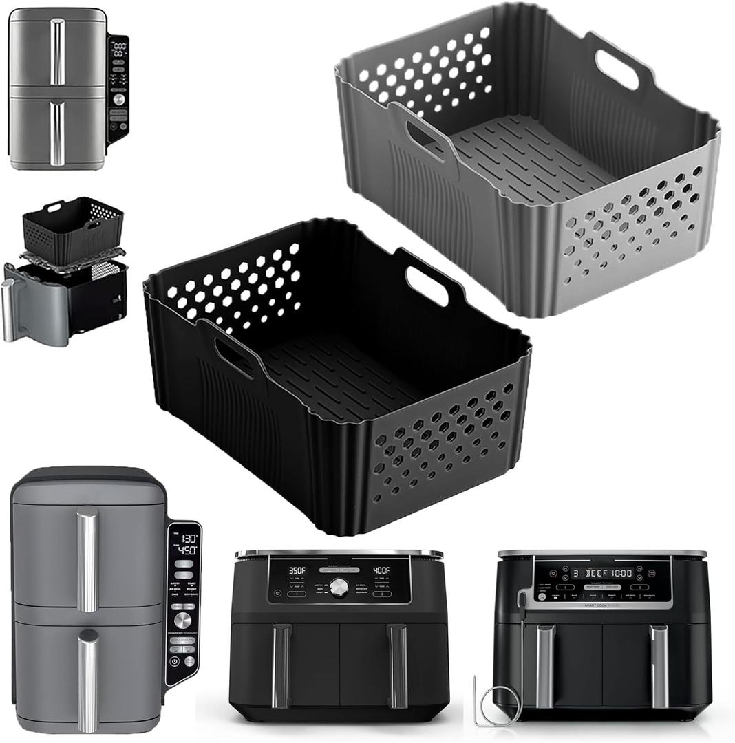 Silicone Air Fryer Liners for Ninja 10QT DoubleStack XL 2-Basket SL401 SL400 SL451 Airfryer,2PCS Reusable Rectangle Perforated Silicone Liners for Ninja DZ302 DZ401 DZ550 Dual Air Fryer Accessories (Grey+Black)