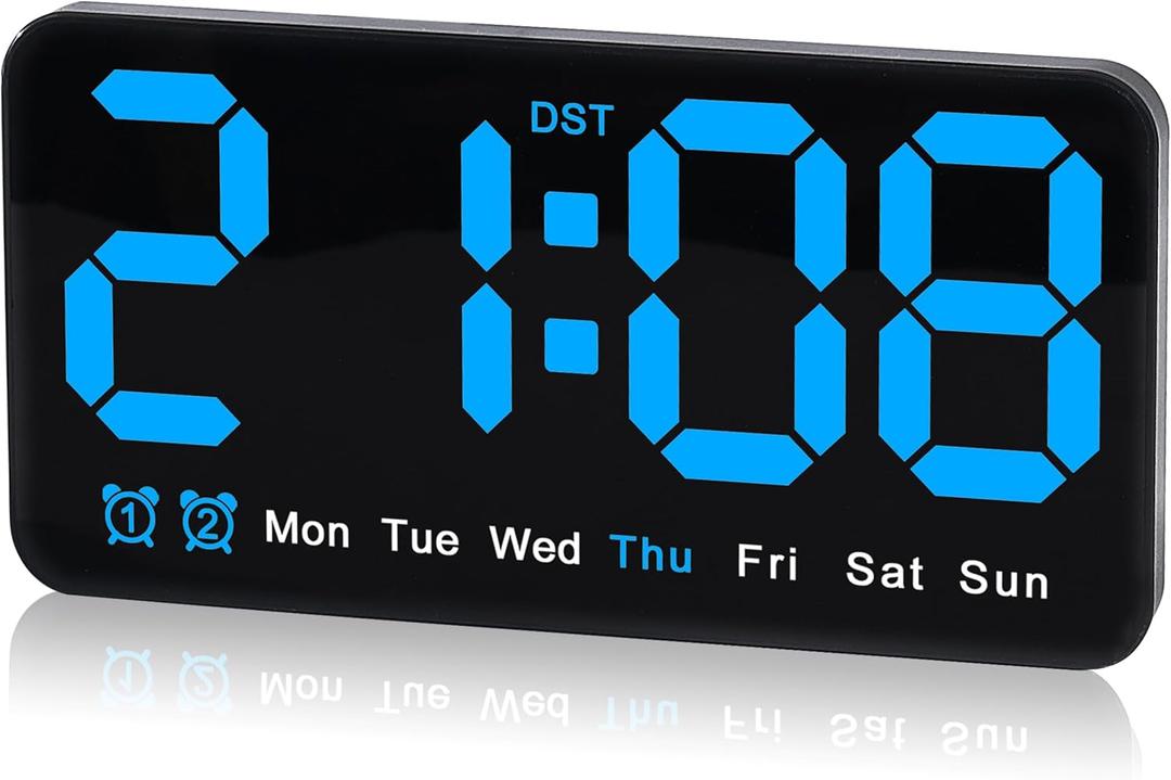 9.5 Inch Large Digital Wall Clock with LED Display, Auto DST, Dual Alarm with Snooze, Adjustable Brightness, Temperature & Date Display, Wall Mount or Desk Clock for Bedroom, Living Room, Office,-Blue