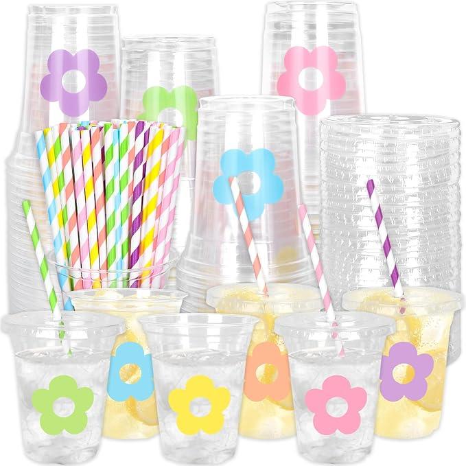 Whaline 60Pcs 12Oz Flower Disposable Plastic Cups with Lids and Straws Cute Pastel Floral Cold Beverage Drinking Cups for Spring Summer Wedding Birthday Baby Shower