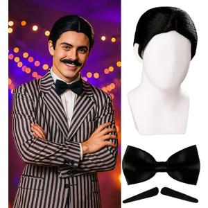 Swooflia Black Short Wig for Men & Cosplay Accessories - Convenient Set Includes Adjustable Wig Cap, Mustache, Tie, Cosplay Wig for Halloween, Costume, Party and Daily Use (Wig-08)