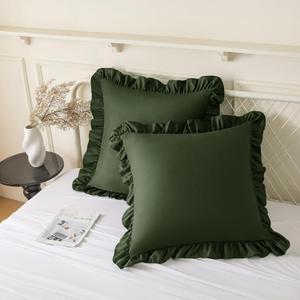 KKJIAF Ruffle Pillow Cases 20x20 Inches, Olive Green Square Ruffled Pillow Covers Set of 2, Microfiber Wrinkle Resistant Pillow Shams with Envelope Closure for Sofa Bed Living Room