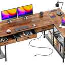 PRAISUN 63 Inch L Shaped Office Desk with Power Outlets and Type-C Port, Large Computer Gaming Desk with 3 Fabric Drawers, Mesh Shelves, Corner Study Work Writing Desk, Rustic Brown