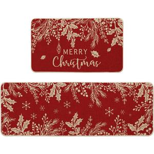 Artoid Mode Holly Pine Branches Leaves Merry Christmas Kitchen Mats Set of 2, Winter Decor Low-Profile Kitchen Rugs for Floor - 17x29 and 17x47 Inch (Red)