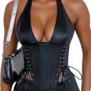 FEOYA Women's Sexy Halter Neck PU Leather Bustier Top Adjustable Backless Crop Vest with Tie Straps (Medium, Black Girdle)