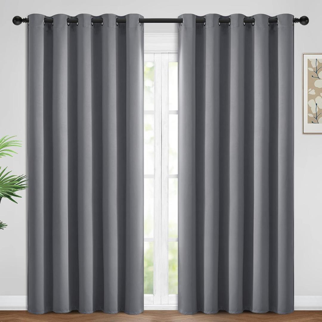 Yakamok Blackout Curtains Room Darkening Thermal Insulated Window Panels,Solid Grommet Top Drapes for Bedroom/Living Room(62Wx96L, Grey, 2 Panels)