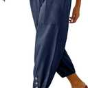 Cotton Casual Capri for Women Elastic High Waisted Loose Lantern Tapered Harem Pants with Pockets