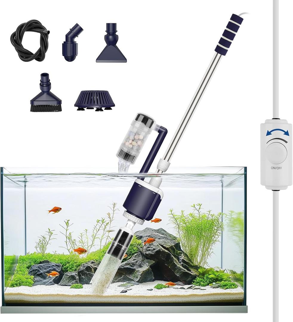 AQQA DC Fish Tank Cleaner, Electric Aquarium Water Changer with 6-in-1 Cleaning Heads & 3-Stage Filter Cup Stainless Steel Handle Gravel Vacuum for Fish & Turtle Tanks, Adjustable Flow 34W 600GPH