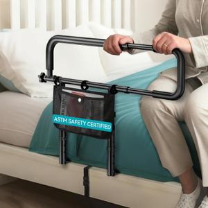 FORTEMOTUS Bed Rails for Elderly Adults Safety with Foldable & Retractable Grab Bar Handrails, ASTM Bedside Rail with Adjustable Height, Storage Pocket & Safety Strap