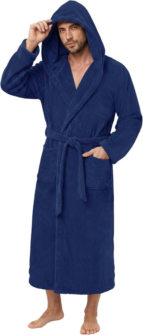 PJGGZ Men's Bathrobes with Hood, Soft Long Towel Robe for Men - Super Absorbent Quick Dry yet Warm (Blue, XL)