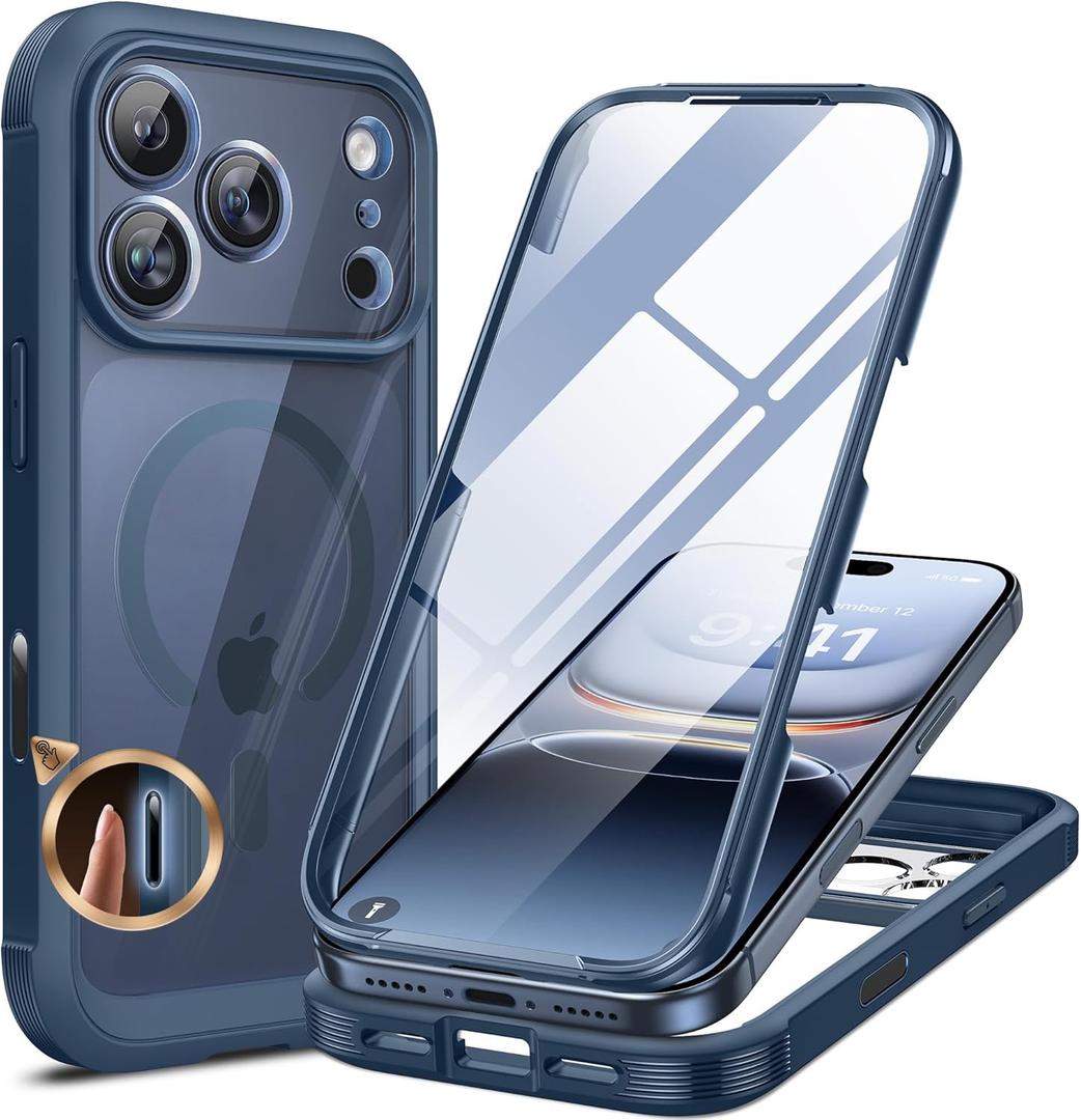 Miracase for iPhone 17 Pro Max Case 6.9" Full-Body Phone Case with Built-in Glass Screen Protector& Full Camera Protector,[Magnetic with MagSafe] Drop Proof 17 ProMax Cover, Blue