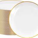 FOCUSLINE 100 Count Gold Plastic Plates 10.25 Inch, Disposable Heavy Duty Dinner Plates, Premium Hard Plastic Plate Fancy Disposable White Plate with Gold Rim