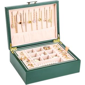 Small Jewelry Organizer for Women, 2-Layer Travel Jewelry Box with Portable Case, Necklace Ring Storage for Dresser, Girls Teens Gifts (Green)