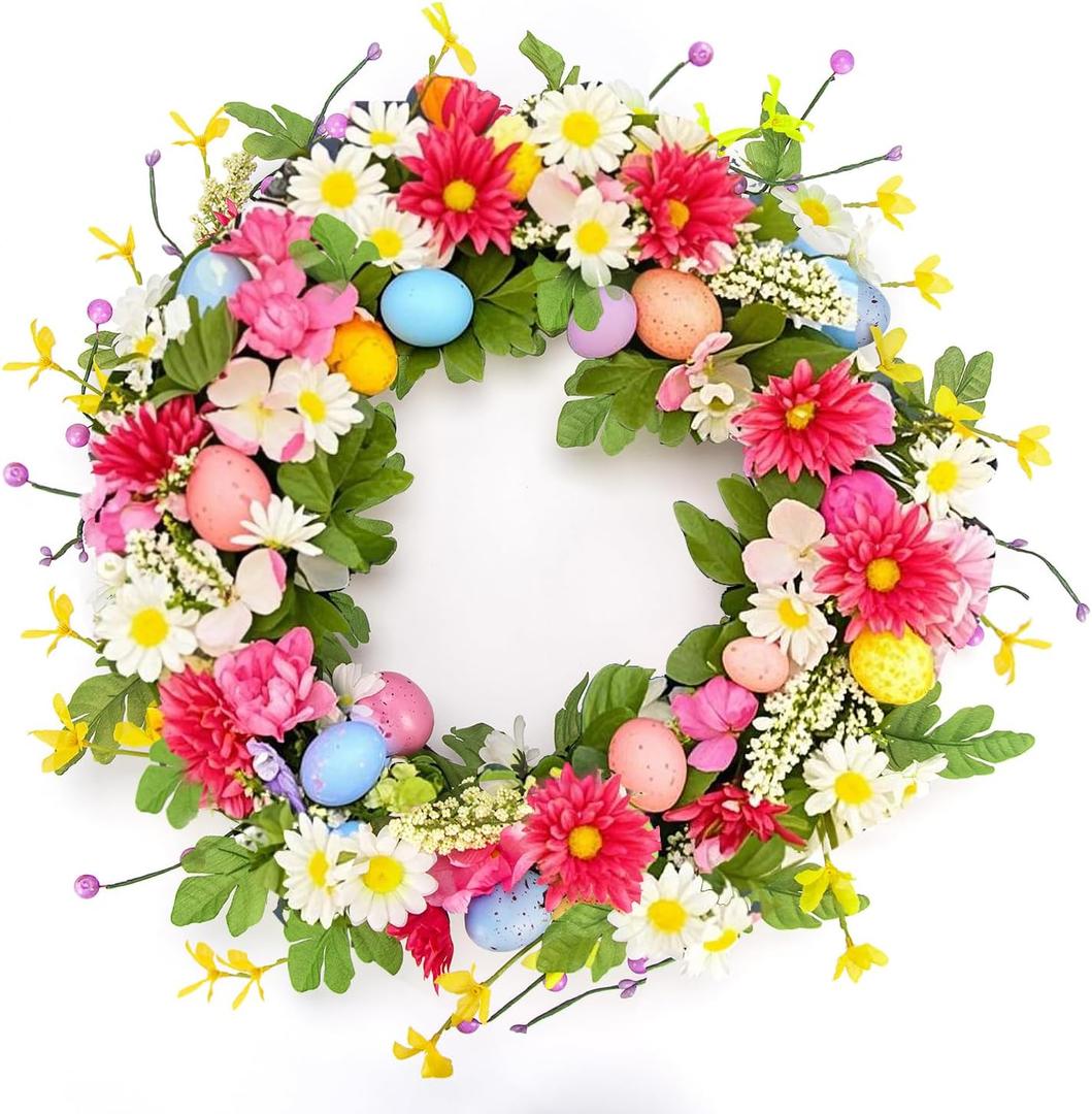 18 inch Easter Wreath Decorations for Home Easter Door Wreaths for Front Door Artificial Spring Flower Eggs Wreaths Decorations for Home Indoor Outdoor Outside Porch Wall