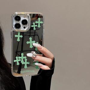 xoniery Compatible with iPhone 16 Pro Max Case Cute Glossy Mirror Back Case,Green Cross Pattern,Senior Shockproof Protection for iPhone 16 Pro Max Case for Women Girls