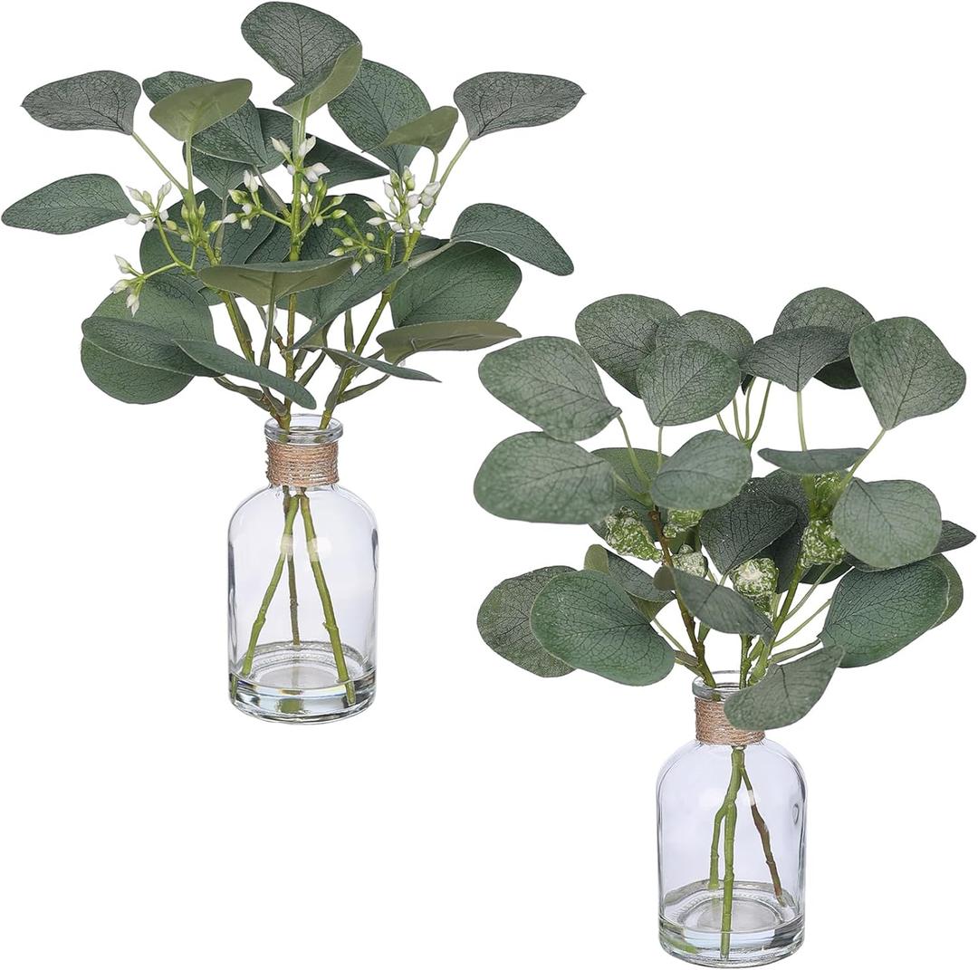 Zheart 2 Pack Small Fake Plants Eucalyptus PottedArtificial Eucalyptus Stems in Glass Vase with Faux Water for Shelf Desk Bathroom Farmhouse Room Office Coffee Table Kitchen Home Decor (Green)
