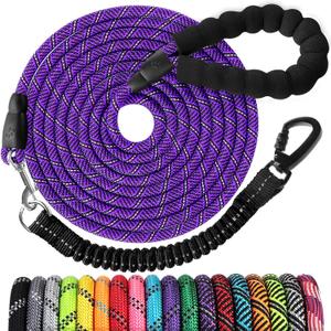 Long Dog Leash 15 FT: Heavy Duty Rope Leashes for Dogs Training with Swivel Lockable Hook Reflective Threads Bungee and Padded Handle - Dog Lead for Small- Large Dogs Outside Walking Hiking,  Purple black, 15ft*1/3''