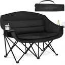 Double Camping Chair Padded Loveseat Chair for 2 Person - Heavy Duty Oversized Camping Couch for Adults Outdoor Sports Lawn Beach Portable Folding XL Chairs with Cup Holders and Carry Bag, All Black