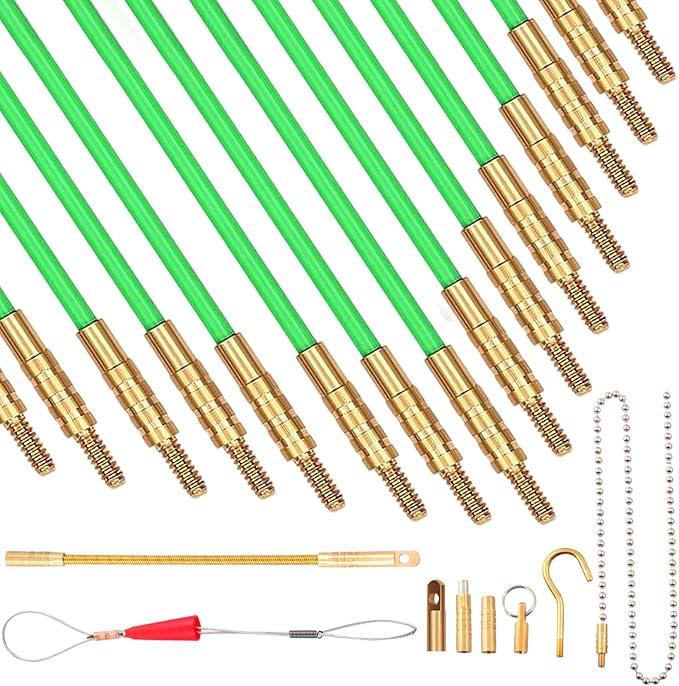 50 FT Wire Fishing Kit Fiberglass Connectable Fish Tape Wire Puller Cable Pulling Pull Push Kit With Hook In Transparent Tube, Green