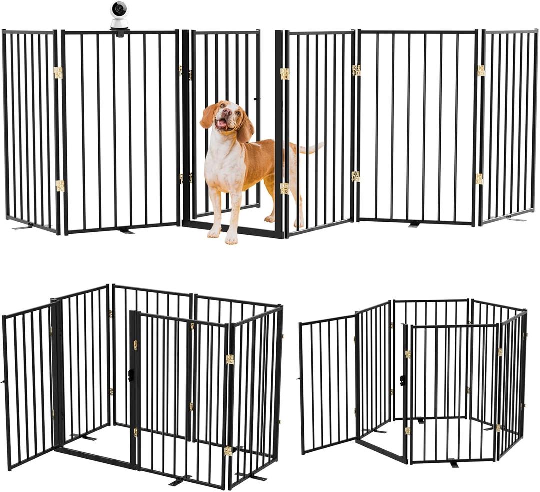 Metal Freestanding Dog Gate Outdoor-6 Panels with Door, Extra Wide Foldable Pet Fence with Pet Monitor Adapter, 32'' Height Tall Dog Gate for Doorways, Stairs, Hallways, Yard, Indoor