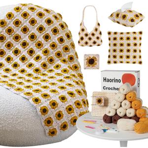 Haorino Crochet Kit for Beginners  Crochet Blanket Kit with a Crochet Blocking Board,Yarns, Tools, Video Tutorials | Granny Square Blanket for Adults & Kids | DIY Gift for Craft Lovers