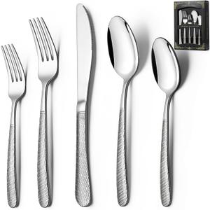 40-Piece Hammered Silverware Set, Deedro Stainless Steel Heavy Duty Flatware Set for 8, Food-Grade Tableware Cutlery Set, Utensil Sets for Home Restaurant, Mirror Finish, Dishwasher Safe