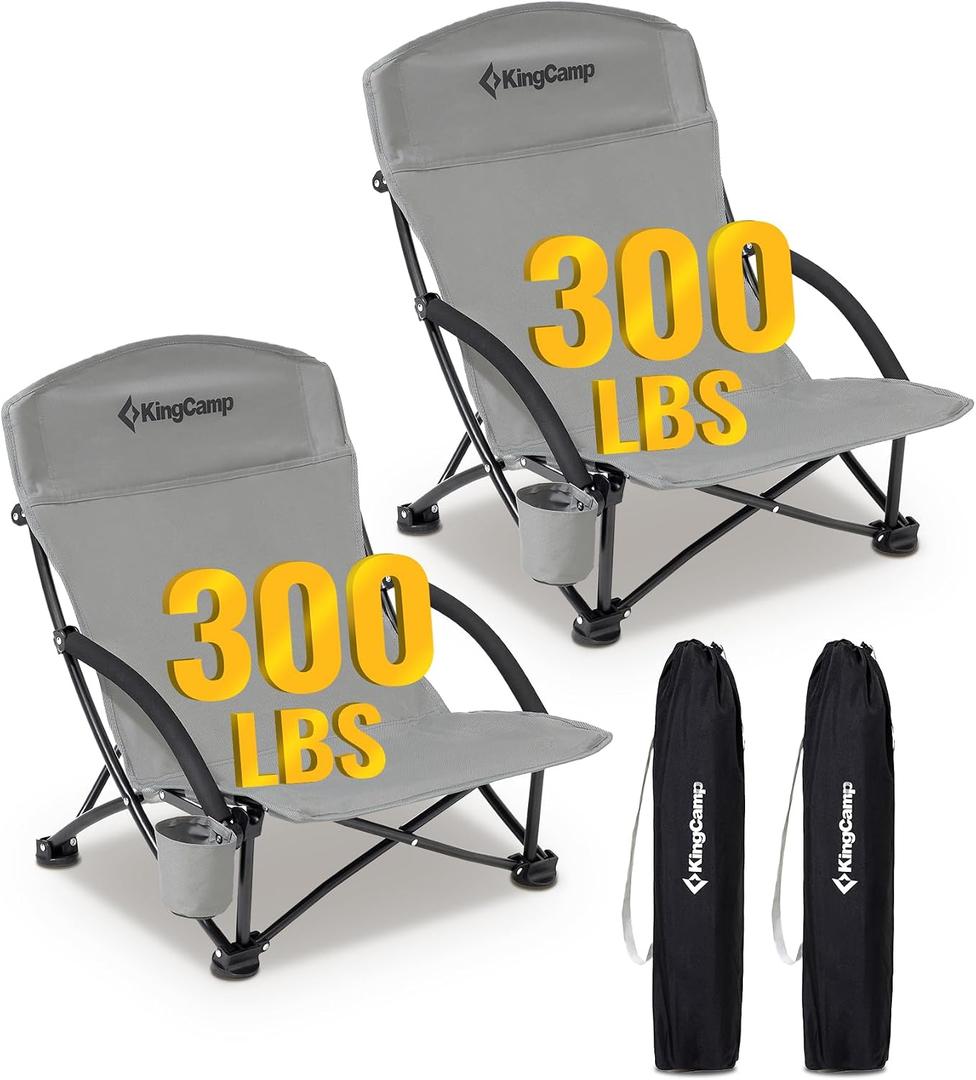 KingCamp Low Beach Chair, High Back Folding Camping Chair for Adults, Oversized Breathable Mesh Seat, 300lbs Heavy Duty Portable Chair with Cup Holder & Storage Pockets for Beach, Outdoor