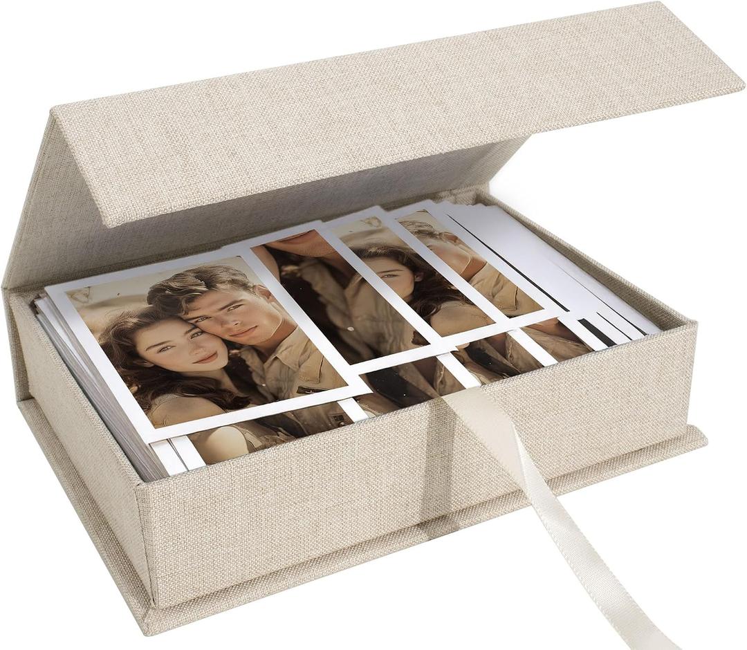 Photo Storage Box 8x10, Linen Memory Photo Box Perfect to Store Your Photo, Pictures, Certificates, Scrapbooking Supplies, Keepsakes and Jewelry Beige