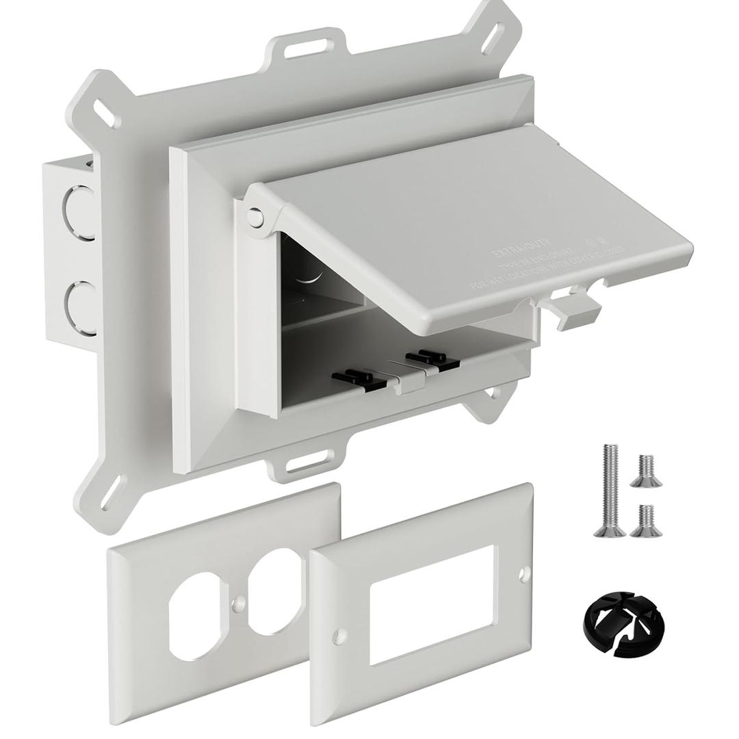 Recessed Outlet Box, Low Profile Electrical Outlet Boxes, Wall Plate Kit for New Vinyl Siding, Weatherproof Pack with Duplex & Decorator Style Covers (White, Horizontal)