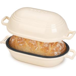 Enameled Cast Iron Dutch Oven for Sourdough Bread Baking,9 x 5-4/5 Inch Oval Cast Iron Bread Pan with Lid,Dutch Oven for Homemade Sourdough Baking,2.8QT Meatloaf Pan,Oven Safe (Beige)