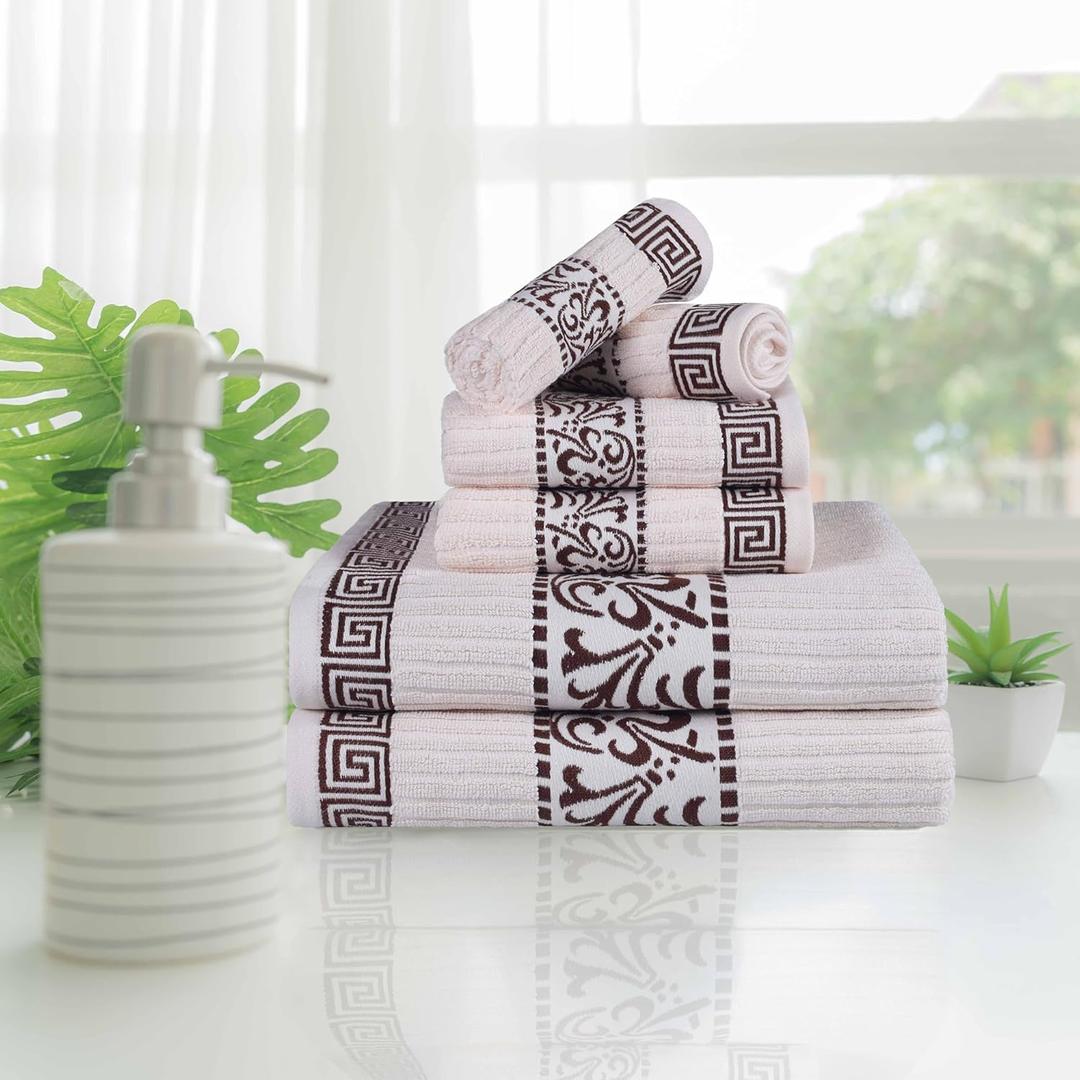 Superior 6-Piece Cotton Towel Set, Decorative Greek Pattern, Home Essentials, Absorbent Towels, Bath Decor, Spa, Resort, Includes 2 Hand, 2 Face and 2 Bath Towels, Athens Collection, Ivory-Chocolate