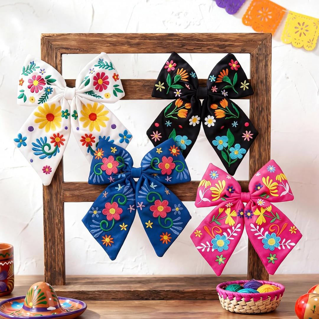 Yunlly 4 Pcs Mexican Embroidered Hair Accessories for Women Cinco De Mayo Flower Bows for Girls Independence Day Fiesta Party Carnival Supplies