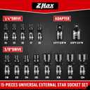 ZHAX 15-Piece E-Torx Swivel Socket Set, 1/4" & 3/8" Drive Universal Joint External Star E4-E24 (7-14mm), CR-V Steel with Adapters
