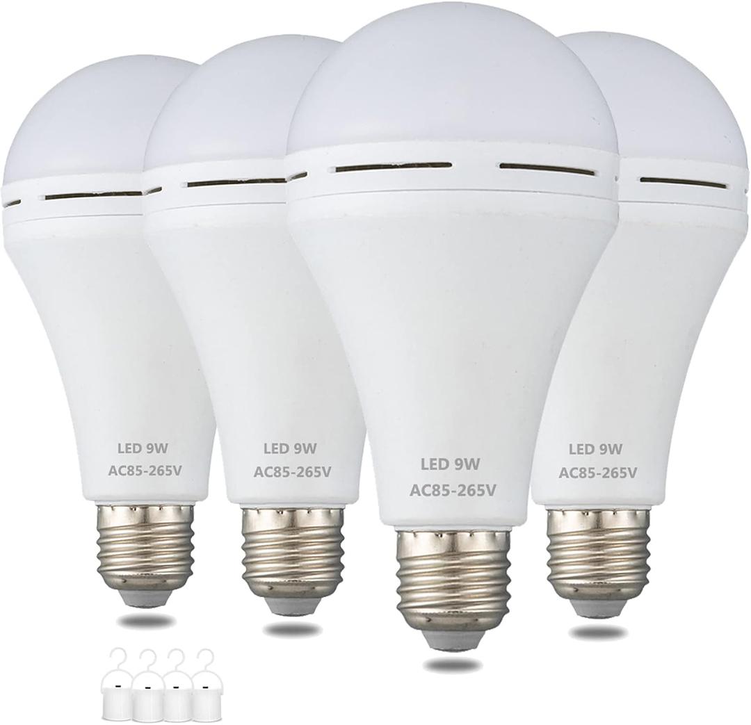 A19 Rechargeable Emergency LED Bulb, 9W 60W Equivalent Battery Backup Emergency Light with Switch Hook, E26 6000K for Home Power Outage Outdoor Activity Camping Hurricane,4-Pack
