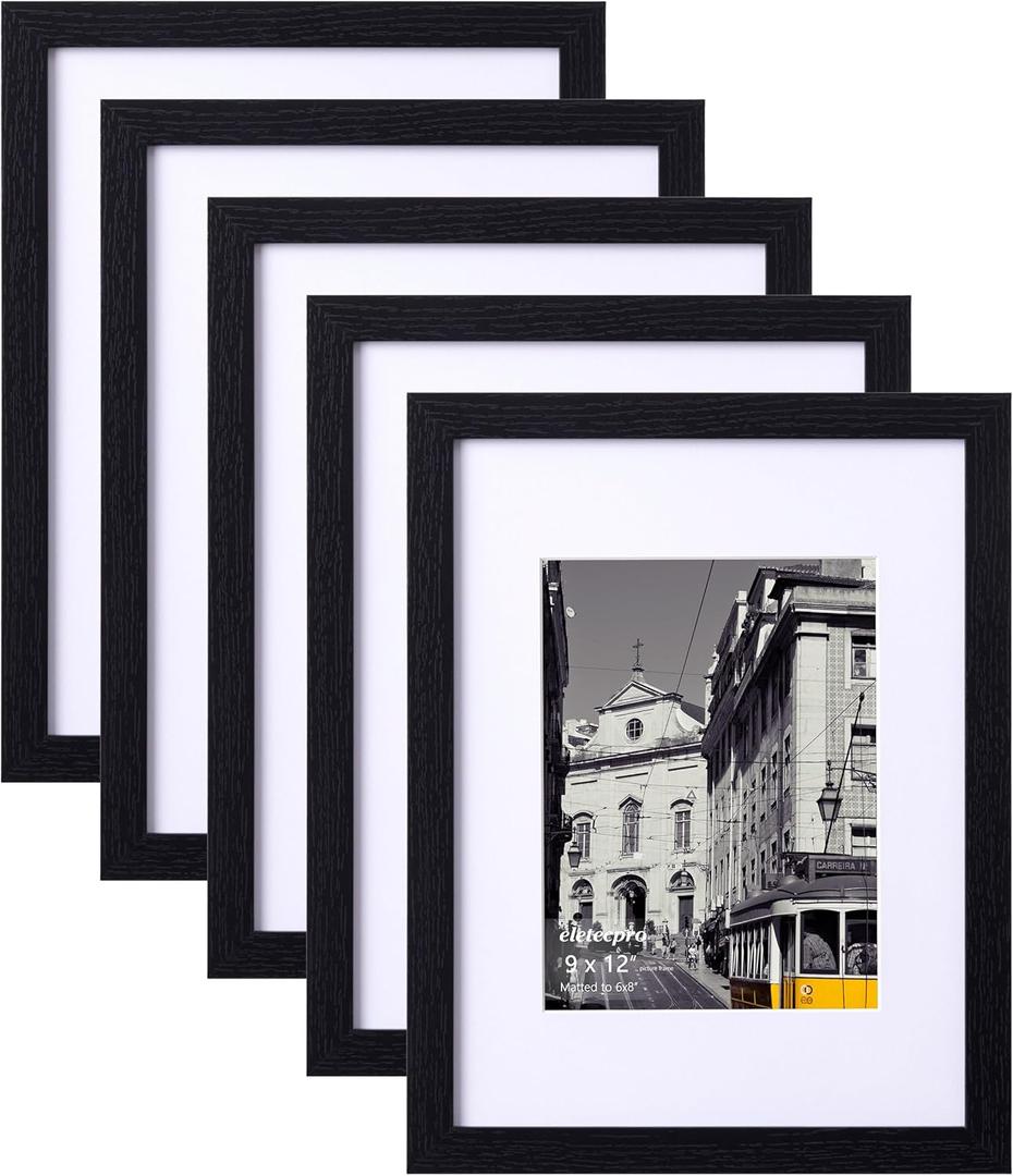 eletecpro 9x12 Picture Frames Set of 5, Gallery wall frame Display 6x8 Photo with Mat or 9x12 without Mat, Picture Frame Collage Wall Decor for Tabletop or Wall Mounting, Black